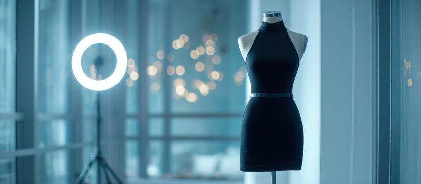 A stylish black dress displayed on a dress form, next to a ring light in a dimly lit room, and a window