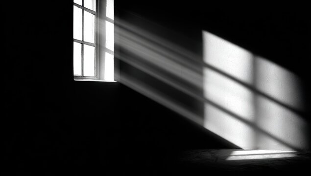 Dramatic chiaroscuro scene a window casts light and shadow on a dark wall and floor
