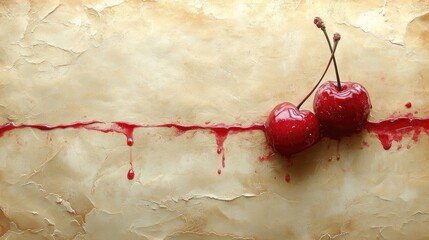 Two glossy red cherries on aged parchment paper with dripping crimson juice.