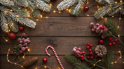 Rustic Wooden Table Christmas Flat Lay with Pine Branches, Red Berries, Candy Canes, and Ornaments, Festive Holiday Background
