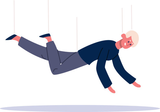 Puppet man feeling helpless with strings pulling him down