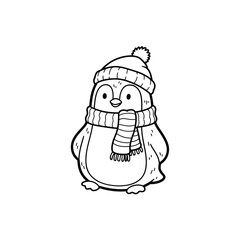 A cute cartoon penguin wearing a winter beanie hat and a striped scarf, presented as a black and white line art illustration.