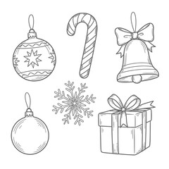 A collection of hand-drawn Christmas ornaments and decorations including a candy cane, bell, gift box, and snowflake.