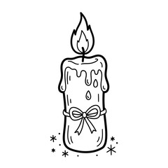 Black and white outline drawing of a burning candle with dripping wax and a decorative bow, surrounded by small sparkles.