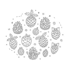 A collection of pinecones with holly and bows in a line art style.
