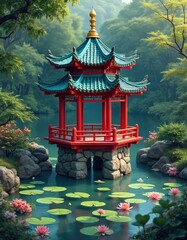 Illustration of a traditional red pagoda above a pond with lily pads. The tranquil scenery includes blooming lotus flowers. Serene asian architecture is surrounded by green foliage and rocks.