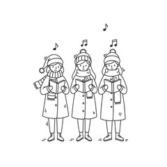 Three girls in winter coats and hats singing Christmas carols from books.