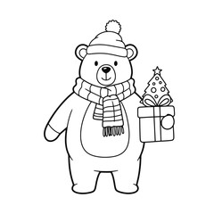 Cute cartoon bear wearing a winter hat and scarf, holding a Christmas gift with a small tree on top, black and white outline for coloring.