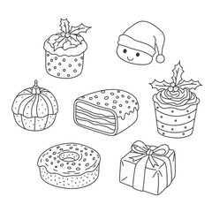 A black and white line drawing of various Christmas themed sweets and a gift.