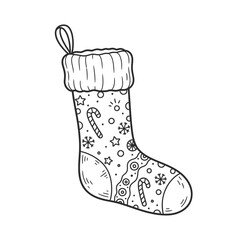 A black and white line drawing of a Christmas stocking decorated with festive patterns.