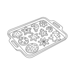 Illustration of a baking sheet filled with various Christmas cookies.
