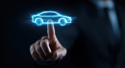 Fototapeta premium A person in a suit touches a glowing digital car icon with their index finger