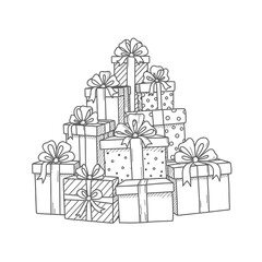 Hand-drawn sketch of a large pile of wrapped gift boxes with various patterns, ribbons, and bows.