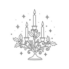 Line art illustration of a festive candelabra with three lit candles, holly leaves, berries, and stars, suitable for Christmas or holiday designs.