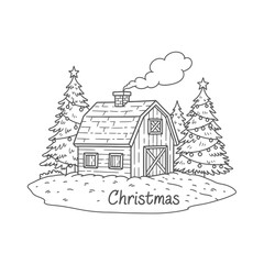 A charming black and white illustration depicts a cozy barn scene with Christmas trees, evoking festive holiday cheer and winter warmth. © puji