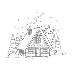 Winter cabin scene with snow-covered roof and smoke from chimney.