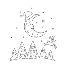 A whimsical Christmas coloring page with a sleeping moon in a Santa hat, a leaping reindeer, and decorated fir trees.