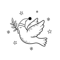 A black and white line art drawing of a dove wearing a Santa hat and holding a holly branch, surrounded by snowflakes and stars, symbolizing Christmas peace.