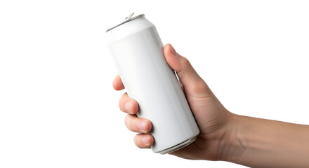 Hand holding blank white aluminum can for beverage mockup presentation