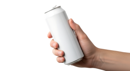 Hand holding blank white aluminum can for beverage mockup presentation