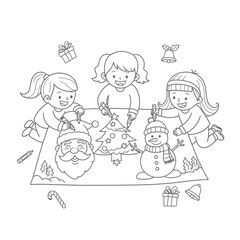 Three happy girls coloring Christmas drawings of Santa Claus, a Christmas tree, and a snowman together.