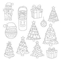A collection of hand-drawn Christmas illustrations, including trees, gifts, ornaments, and festive characters, perfect for holiday designs.