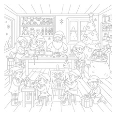 Santa Claus and his elves making toys in a busy Christmas workshop coloring page.