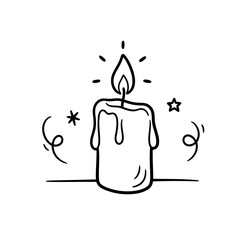 Hand-drawn black and white illustration of a lit candle with melting wax, surrounded by stars and decorative swirls, emitting light.