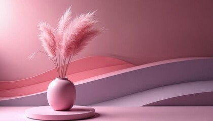 Pink pampas grass in smooth vase sits on circle pedestal. Wavy lines in pink purple shades create modern minimal background. Clean elegant design for product presentation, home decor, beauty concept,
