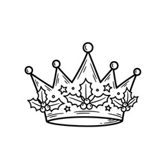 An elegant black and white illustration of a crown, adorned with holly and berries, suitable for holiday or festive designs.