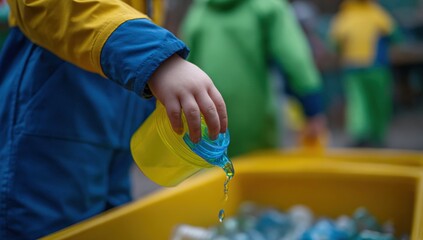 A child pouring a liquid from a container into a recycling bin. Other children are blurred in the background