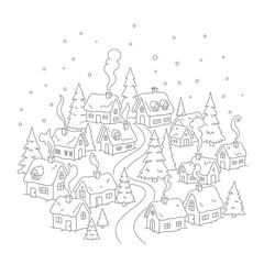A charming illustration depicts a quaint winter village scene with snow falling, featuring cozy houses and evergreen trees.