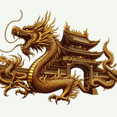 Fototapeta premium A majestic golden Chinese dragon intricately coiled around a traditional ornate temple gate, showcasing rich cultural symbolism and ancient architecture.