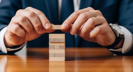 Business strategy and planning hands stacking wooden blocks for success