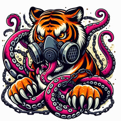 Vibrant illustration of a fierce tiger wearing a gas mask, intertwined with pink octopus tentacles and chains, in a bold graphic art style.