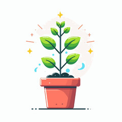 Illustration of a potted plant with green leaves and a red pot.