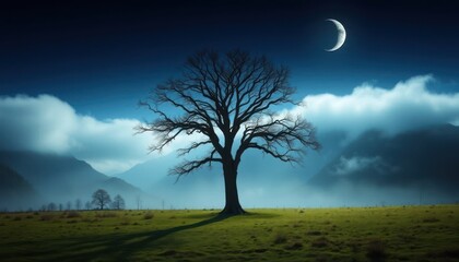A solitary tree stands silhouetted against a night sky with a crescent moon and misty clouds.