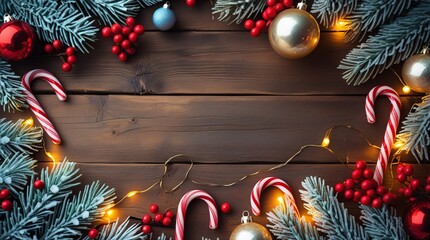 Rustic Wooden Table Christmas Flat Lay with Pine Branches, Red Berries, Candy Canes, and Ornaments, Festive Holiday Background
