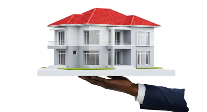 Hand holding miniature modern house representing real estate property investment