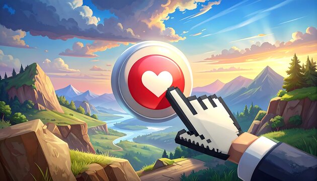 Beautiful Mountain Landscape with Heart Button Click. - Powered by Adobe