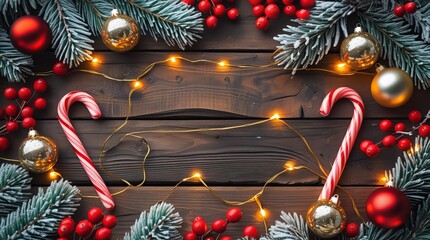 Rustic Wooden Table Christmas Flat Lay with Pine Branches, Red Berries, Candy Canes, and Ornaments, Festive Holiday Background
