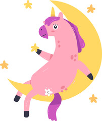 Pink unicorn sitting on crescent moon holding star