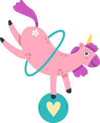 Unicorn balancing on ball playing hula hoop