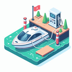 Isometric illustration of an electric boat charging at a modern dock with a charging station and green trees.