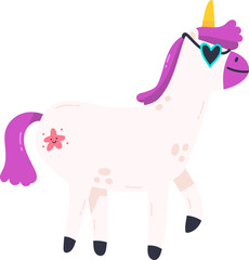 Unicorn cartoon wearing heart sunglasses illustration