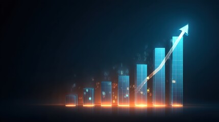 Modern Data Visualization with Ascending Bar Graph and Arrow Indicating Growth in a Dark Background with Neon Blue and Orange Highlights