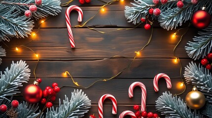 Rustic Wooden Table Christmas Flat Lay with Pine Branches, Red Berries, Candy Canes, and Ornaments, Festive Holiday Background
