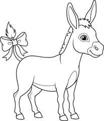 Cute Cartoon Donkey with a Festive Bow on its Tail - Outline Illustration
