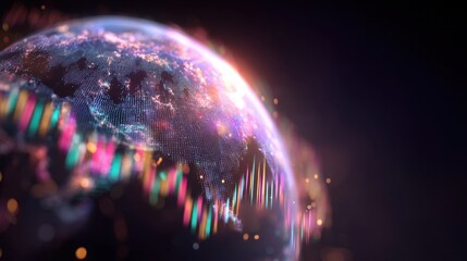 Stunning Digital Representation of Earth with Vibrant Economic and Financial Data Visualization Reflecting Global Connectivity in Technology and Innovation