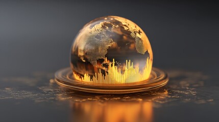 Abstract globe with golden continents and digital data visualization, representing global finance, economy, technology, and innovation trends, against a dark background